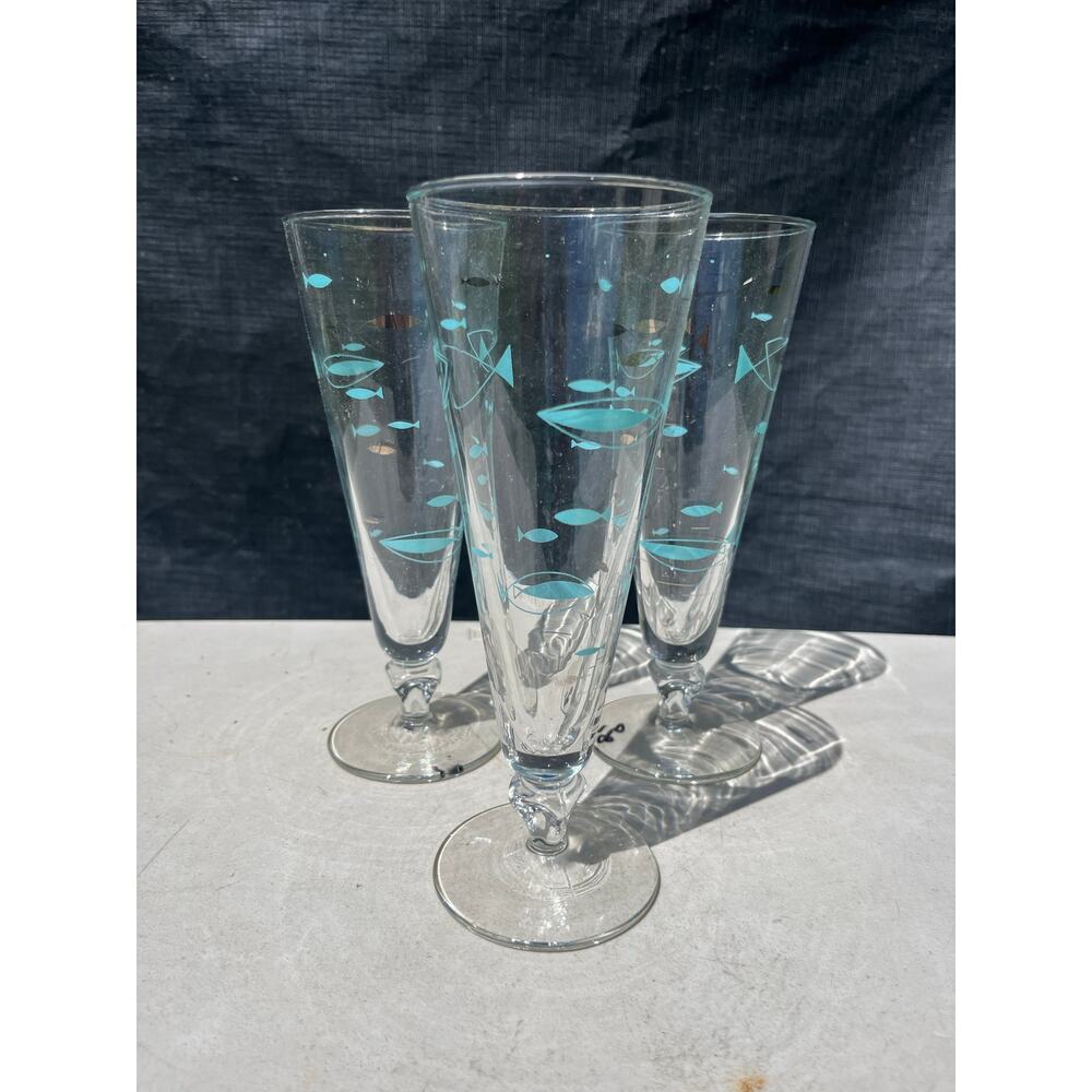 Vtg Libbey Fish Pilsner Glasses Atomic Silver & Aqua Beer MCM Lot of 3